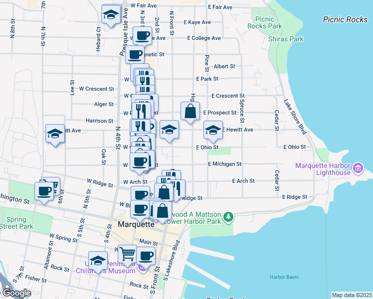 map of restaurants, bars, coffee shops, grocery stores, and more near 124 East Ohio Street in Marquette