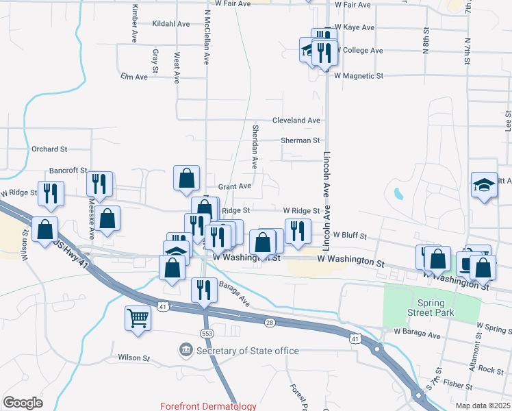map of restaurants, bars, coffee shops, grocery stores, and more near 1008 West Ridge Street in Marquette