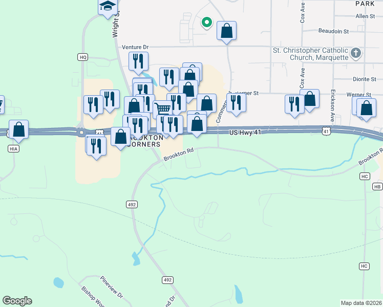 map of restaurants, bars, coffee shops, grocery stores, and more near 101-111 Forest Ridge Dr in Marquette