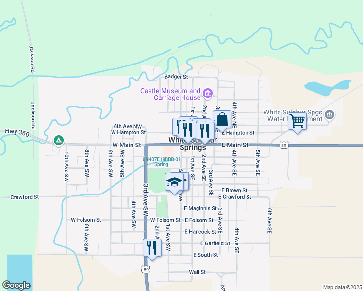 map of restaurants, bars, coffee shops, grocery stores, and more near 18 East Main Street in White Sulphur Springs