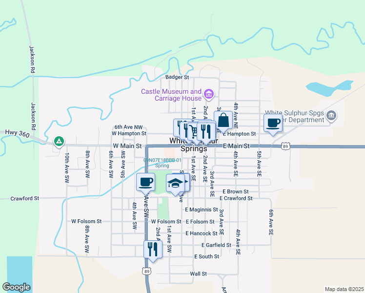 map of restaurants, bars, coffee shops, grocery stores, and more near 18 East Main Street in White Sulphur Springs