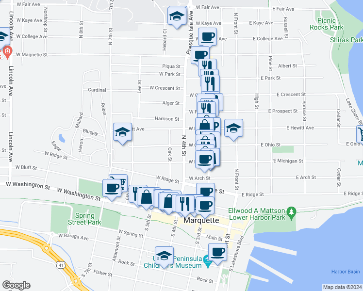map of restaurants, bars, coffee shops, grocery stores, and more near 603 North 4th Street in Marquette