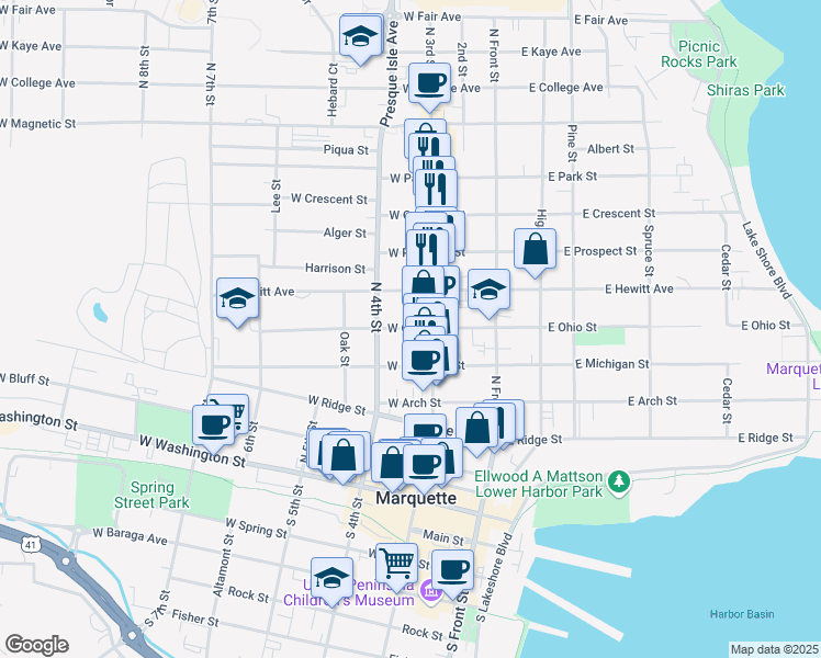 map of restaurants, bars, coffee shops, grocery stores, and more near 201-299 West Ohio Street in Marquette