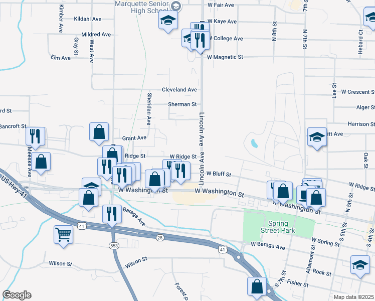 map of restaurants, bars, coffee shops, grocery stores, and more near 914 West Ridge Street in Marquette
