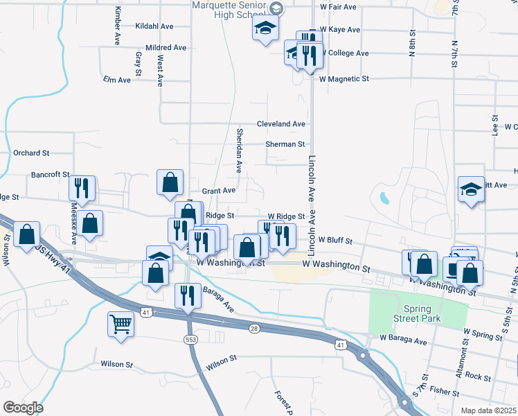 map of restaurants, bars, coffee shops, grocery stores, and more near 1000 West Ridge Street in Marquette