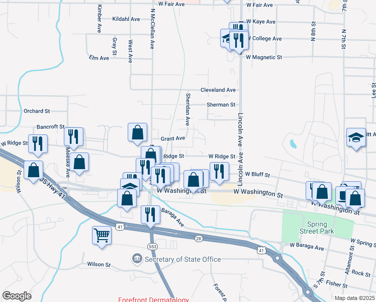 map of restaurants, bars, coffee shops, grocery stores, and more near 1064 West Ridge Street in Marquette
