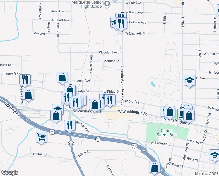 map of restaurants, bars, coffee shops, grocery stores, and more near 924 West Ridge Street in Marquette