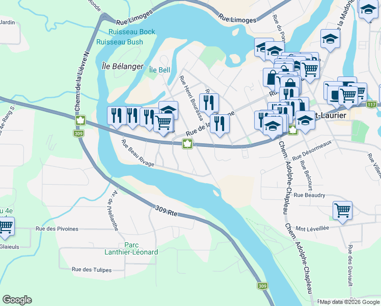 map of restaurants, bars, coffee shops, grocery stores, and more near 316 Rue des Chènes in Mont-Laurier