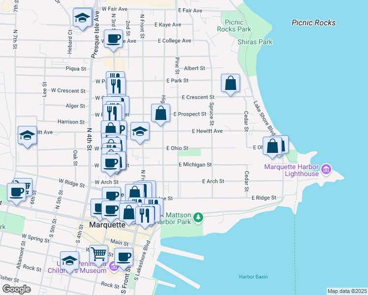 map of restaurants, bars, coffee shops, grocery stores, and more near 321 East Ohio Street in Marquette