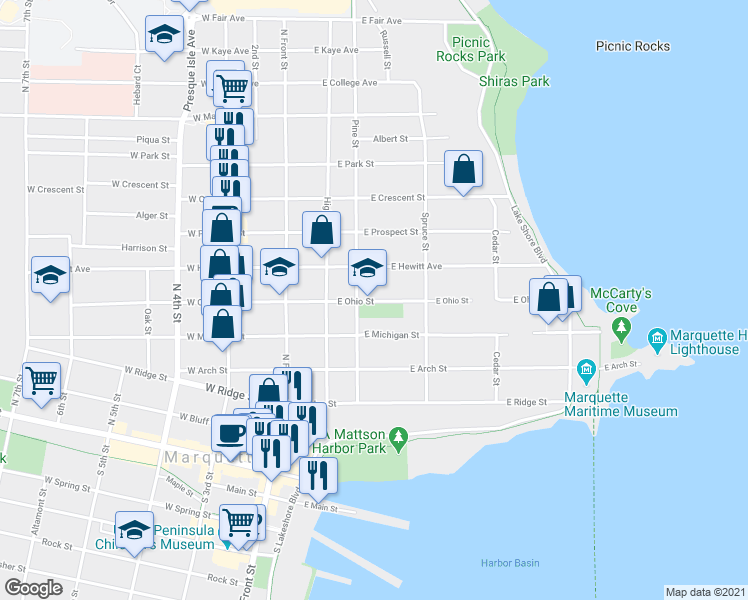 map of restaurants, bars, coffee shops, grocery stores, and more near 331 East Ohio Street in Marquette