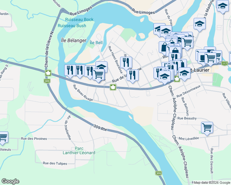 map of restaurants, bars, coffee shops, grocery stores, and more near 316 Rue des Chènes in Mont-Laurier