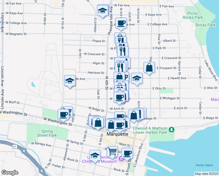 map of restaurants, bars, coffee shops, grocery stores, and more near 242 West Ohio Street in Marquette