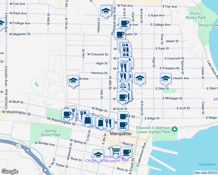 map of restaurants, bars, coffee shops, grocery stores, and more near 313 West Ohio Street in Marquette
