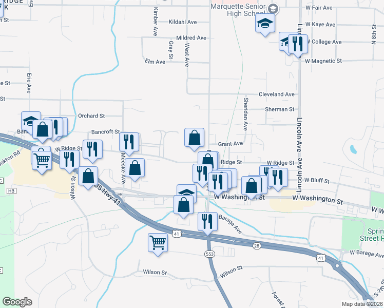 map of restaurants, bars, coffee shops, grocery stores, and more near 1440 West Ridge Street in Marquette