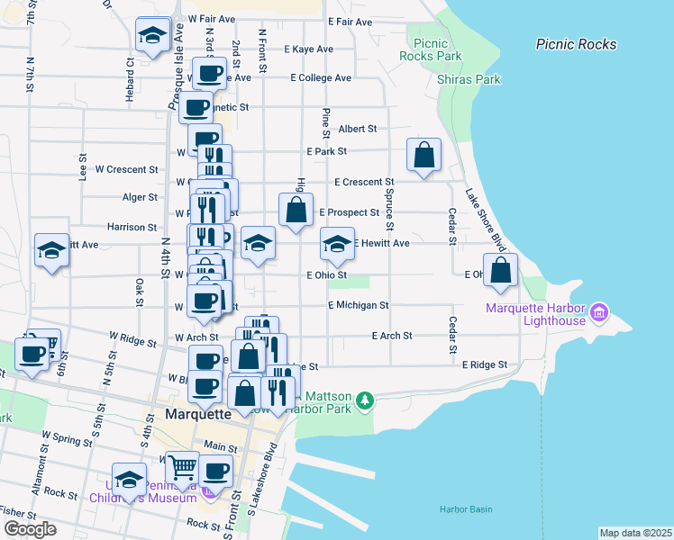 map of restaurants, bars, coffee shops, grocery stores, and more near 321 East Ohio Street in Marquette