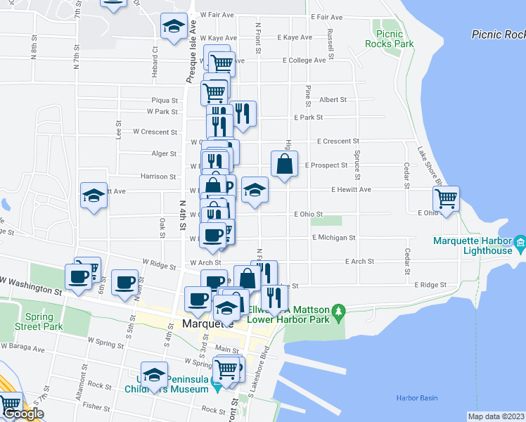 map of restaurants, bars, coffee shops, grocery stores, and more near 113 East Ohio Street in Marquette