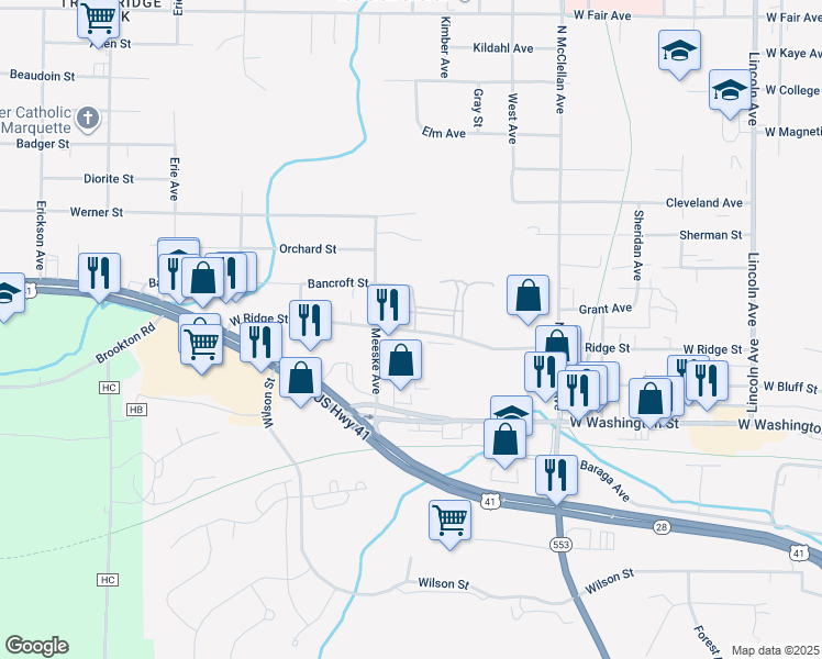 map of restaurants, bars, coffee shops, grocery stores, and more near 1545-1599 West Ridge Street in Marquette