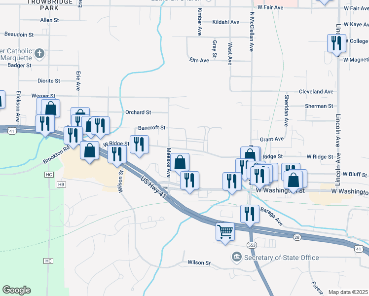 map of restaurants, bars, coffee shops, grocery stores, and more near 1545-1599 West Ridge Street in Marquette