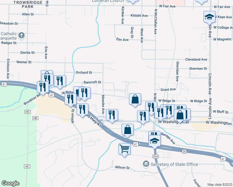 map of restaurants, bars, coffee shops, grocery stores, and more near 1545 West Ridge Street in Marquette