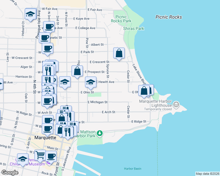 map of restaurants, bars, coffee shops, grocery stores, and more near 434 East Ohio Street in Marquette