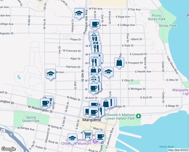 map of restaurants, bars, coffee shops, grocery stores, and more near 617 North 3rd Street in Marquette