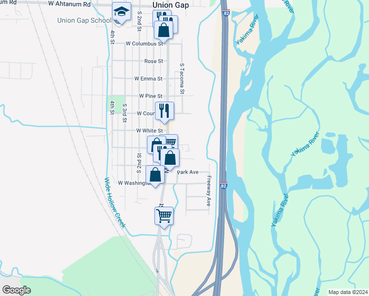 map of restaurants, bars, coffee shops, grocery stores, and more near 107 East California Street in Union Gap