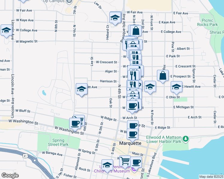 map of restaurants, bars, coffee shops, grocery stores, and more near 325 West Hewitt Avenue in Marquette