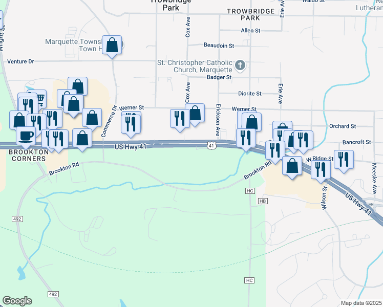 map of restaurants, bars, coffee shops, grocery stores, and more near 2477 Michigan 28 in Marquette