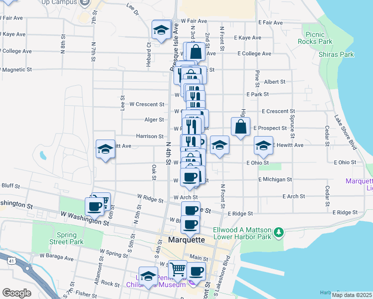 map of restaurants, bars, coffee shops, grocery stores, and more near 219 West Hewitt Avenue in Marquette