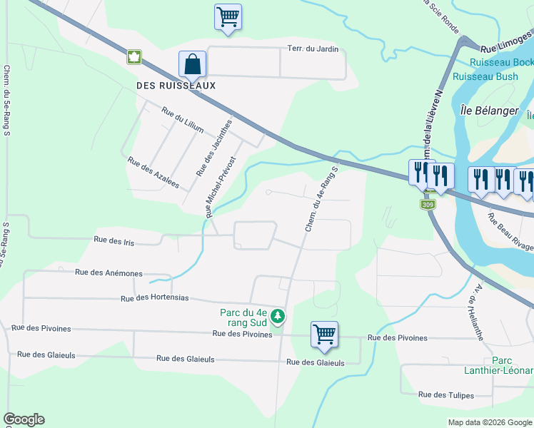 map of restaurants, bars, coffee shops, grocery stores, and more near 497 Rue des Chrysanthemes in Mont-Laurier