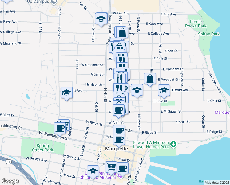 map of restaurants, bars, coffee shops, grocery stores, and more near 224 West Hewitt Avenue in Marquette