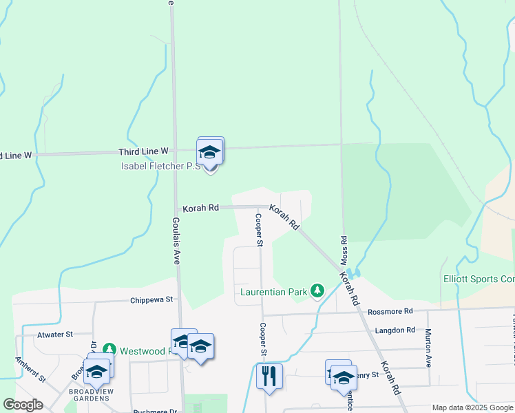 map of restaurants, bars, coffee shops, grocery stores, and more near Korah Road in Sault Ste. Marie