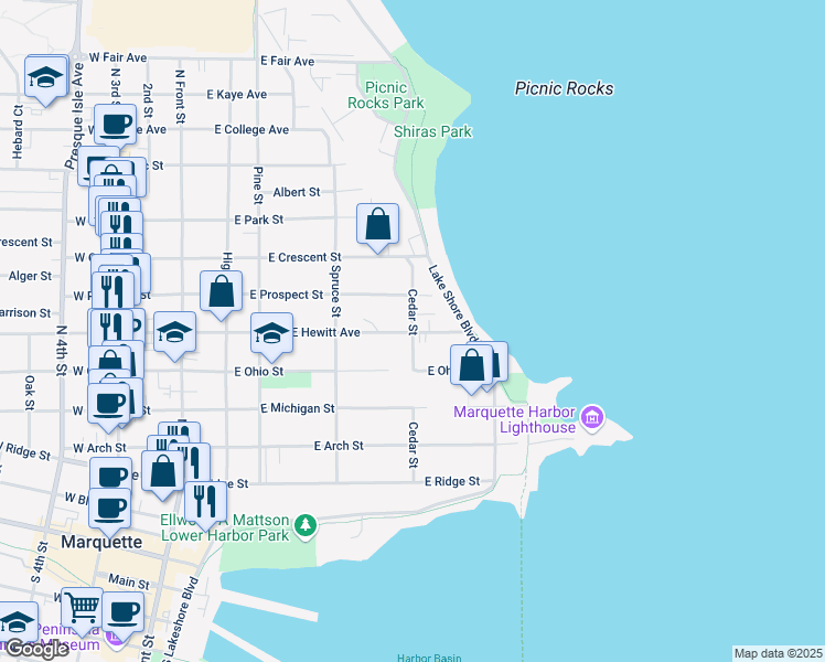 map of restaurants, bars, coffee shops, grocery stores, and more near 499 East Hewitt Avenue in Marquette