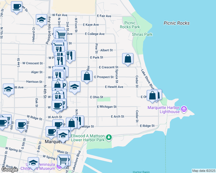 map of restaurants, bars, coffee shops, grocery stores, and more near 355 East Hewitt Avenue in Marquette