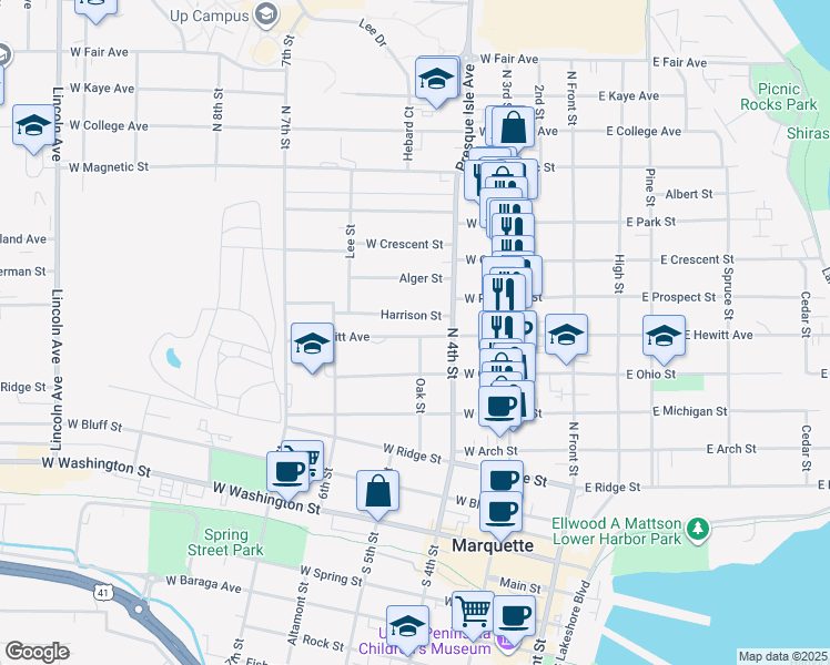 map of restaurants, bars, coffee shops, grocery stores, and more near 351 Harrison Street in Marquette