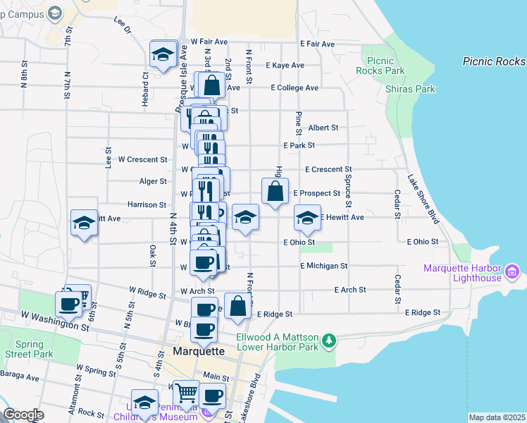 map of restaurants, bars, coffee shops, grocery stores, and more near 115 East Hewitt Avenue in Marquette