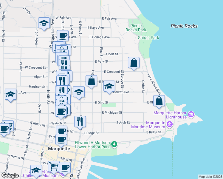 map of restaurants, bars, coffee shops, grocery stores, and more near 301-399 East Hewitt Avenue in Marquette