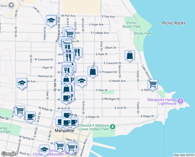 map of restaurants, bars, coffee shops, grocery stores, and more near 211 East Hewitt Avenue in Marquette