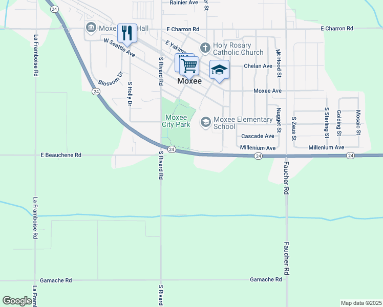 map of restaurants, bars, coffee shops, grocery stores, and more near 5260 State Highway 24 in Moxee