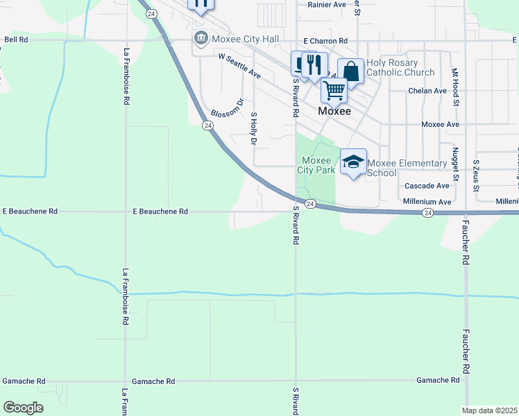 map of restaurants, bars, coffee shops, grocery stores, and more near 8401 Beauchene Rd in Moxee