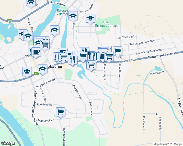 map of restaurants, bars, coffee shops, grocery stores, and more near 101 Rue Hébert in Mont-Laurier