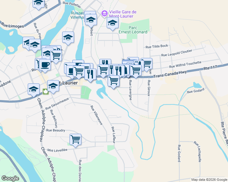 map of restaurants, bars, coffee shops, grocery stores, and more near 101 Rue Hébert in Mont-Laurier