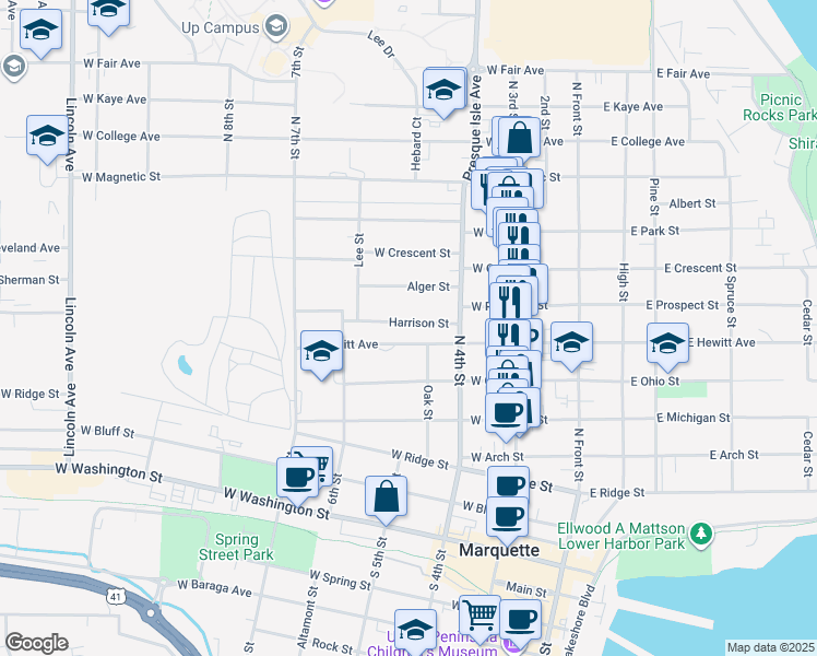 map of restaurants, bars, coffee shops, grocery stores, and more near 351 Harrison Street in Marquette