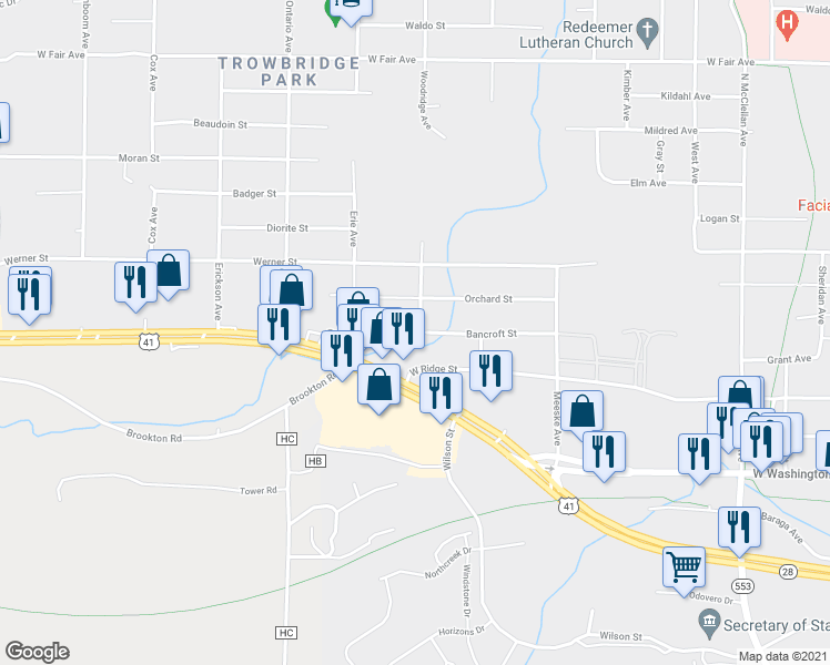 map of restaurants, bars, coffee shops, grocery stores, and more near 2109 Bancroft Street in Marquette