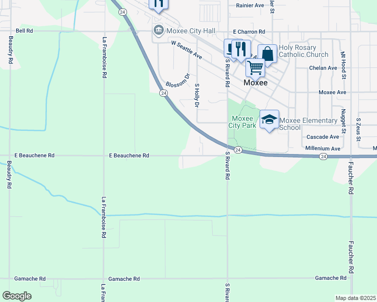 map of restaurants, bars, coffee shops, grocery stores, and more near 8401 Beauchene Rd in Moxee