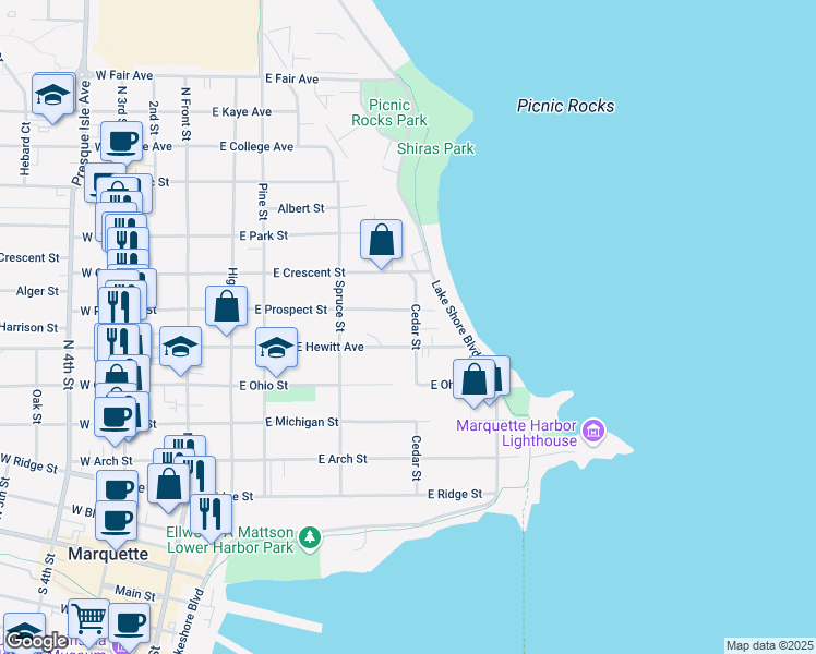 map of restaurants, bars, coffee shops, grocery stores, and more near 401-499 E Hewitt Ave in Marquette