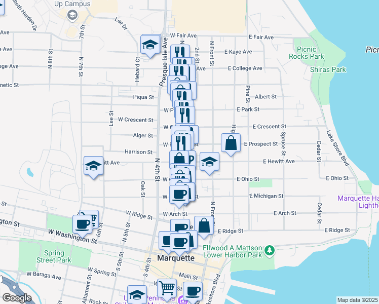 map of restaurants, bars, coffee shops, grocery stores, and more near 714 North 3rd Street in Marquette