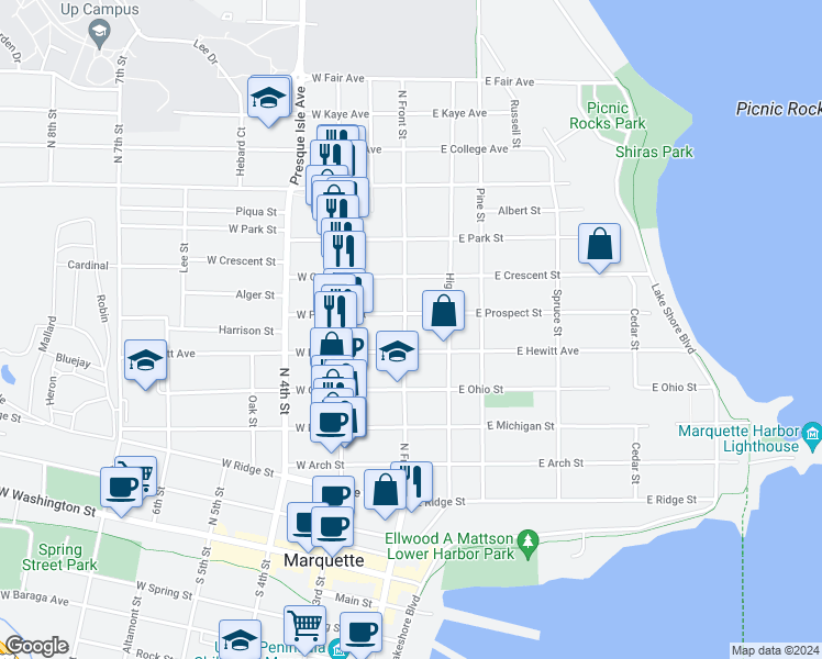 map of restaurants, bars, coffee shops, grocery stores, and more near 718 North Front Street in Marquette