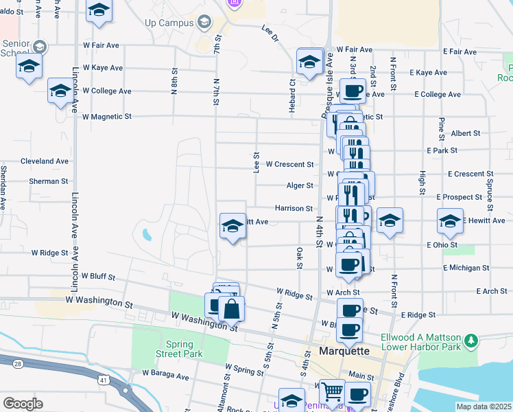 map of restaurants, bars, coffee shops, grocery stores, and more near 399 Harrison Street in Marquette