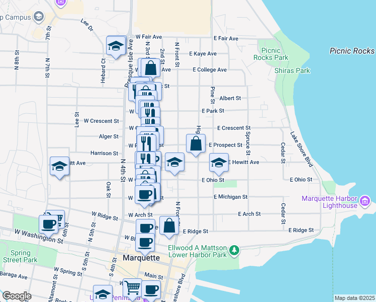 map of restaurants, bars, coffee shops, grocery stores, and more near 115 East Hewitt Avenue in Marquette